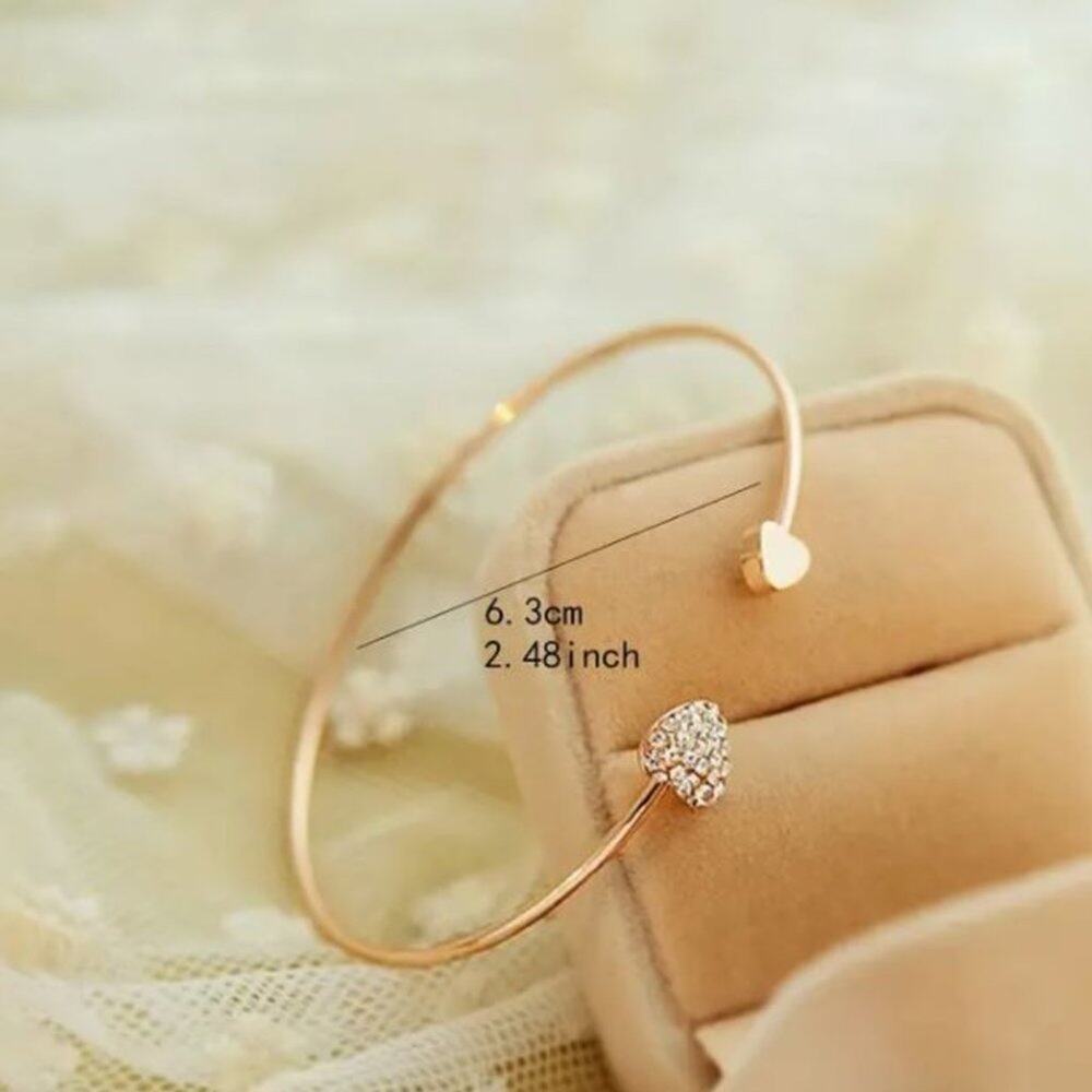 Gold Heart Bangle Bracelet Rhinestone Heart Bridal Jewelry Modern Elegant - Picture 4 of 4